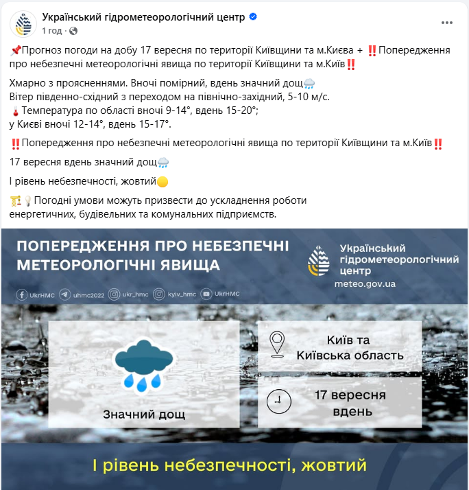 Погода в Києві завтра 17 вересня несе сильний дощ - екстрені служби при негоді, номер телефону 2