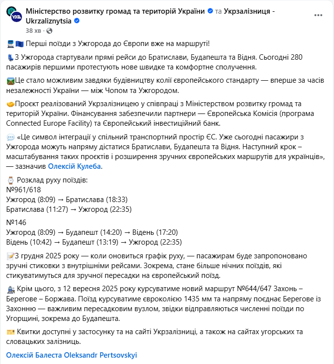 Поїзди УЗ з Ужгорода євроколією запустили в Братиславу, Будапешт і Відень - прямий рейс, розклад 12