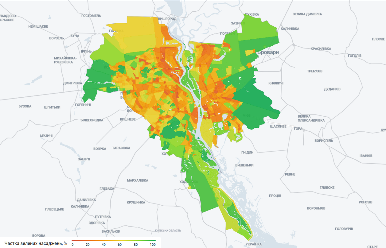 Райони Києва з найбільшою кількістю зелені і найменшою - карта 4