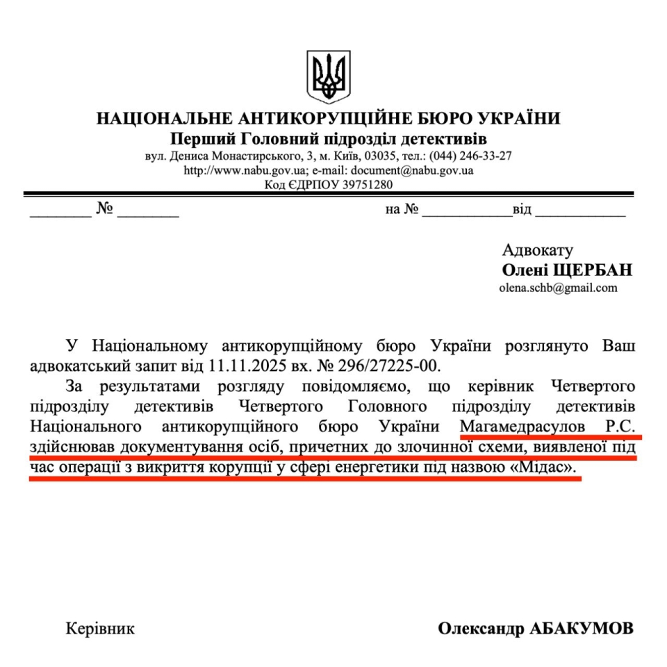 НАБУ підтвердило причетність Магамедрасулова до слідства у справі Міндіча – документ 2