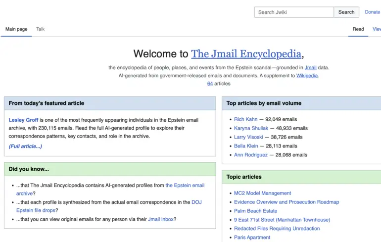 Матеріали з архівів Епштейна були зібрані в Jikipedia - проєкт, ініційований командою Jmail, викликав обговорення в сфері технологій. 1