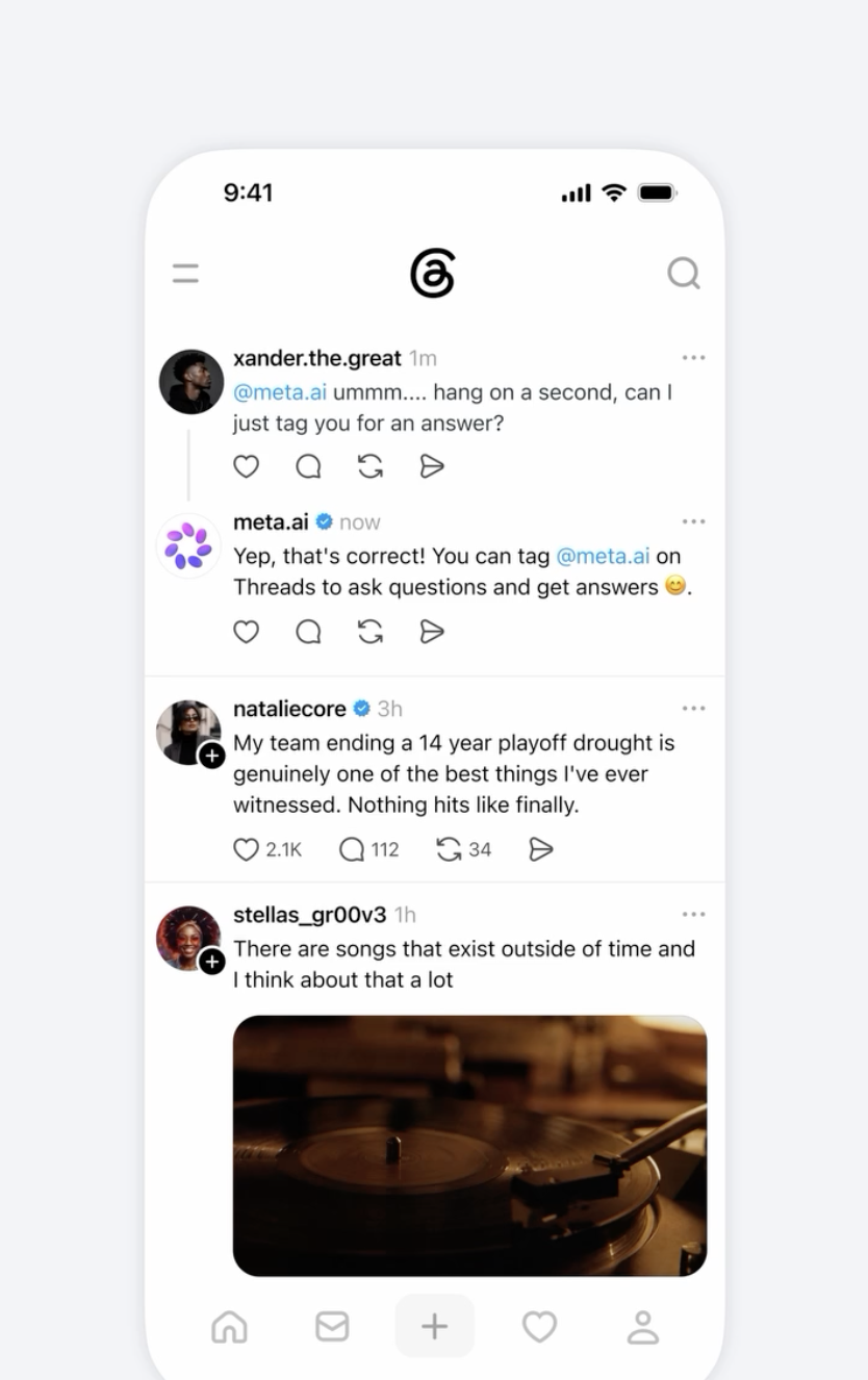 Threads проводить випробування чат-бота Meta AI, подібного до Grok. Користувачі висловлюють незадоволення через відсутність можливості блокування. 2