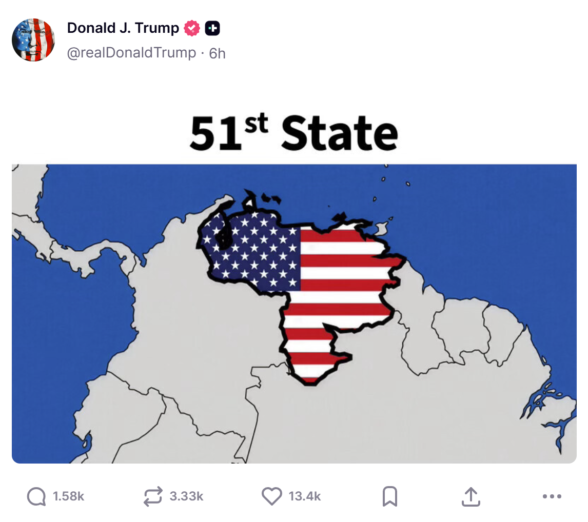 Венесуела стала 51-м штатом США - Трамп розмістив зображення, на якому Венесуела представлена в кольорах американського прапора. 2